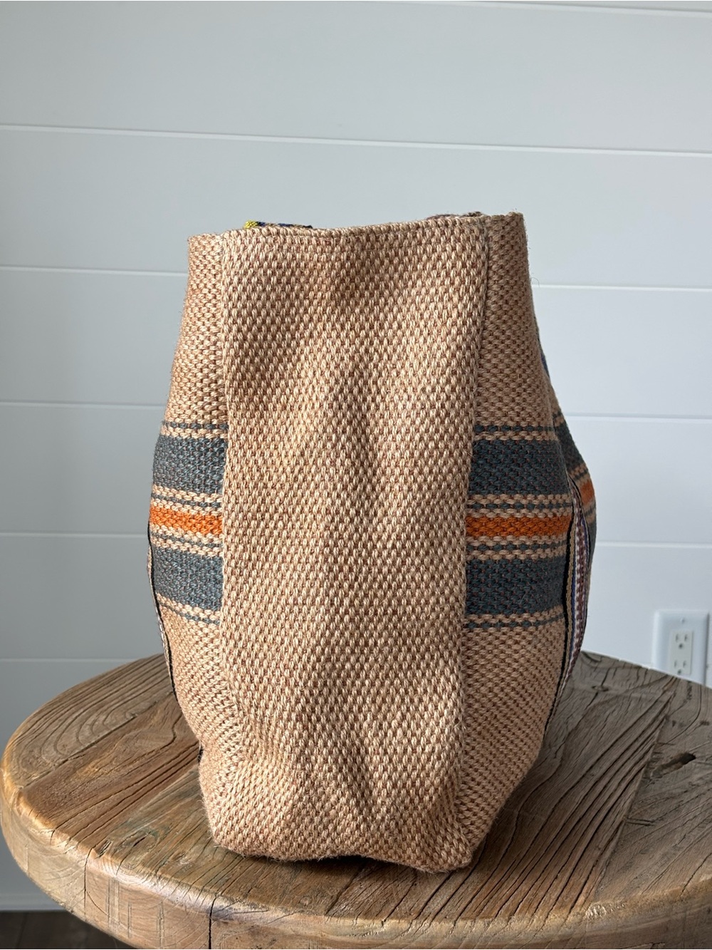 Maison Bengal Jute Club Tote Bag Shoulder Strap Handles Large Natural Tan Stripe - Picture 6 of 16